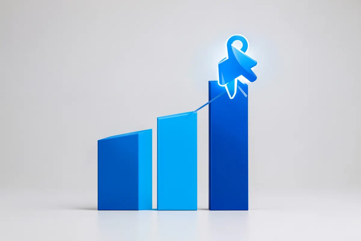 Um gráfico de barras ascendente com um ícone de clique, simbolizando crescimento e engajamento.