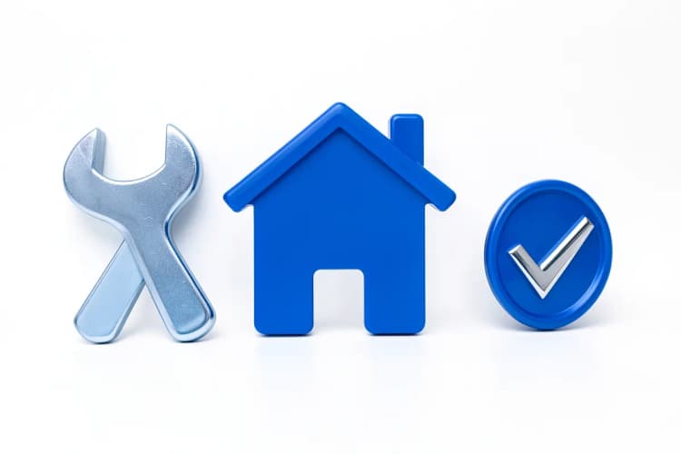 Uma casa com um ícone de ferramenta e um selo de aprovação, indicando serviços qualificados.