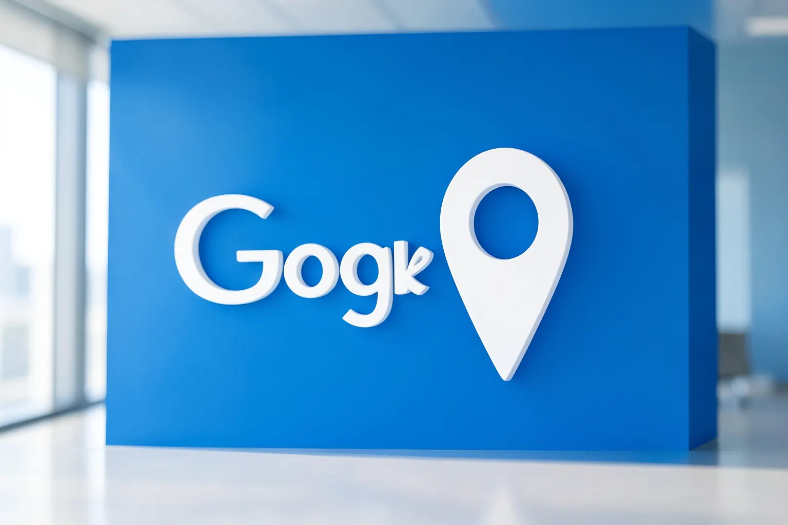 Um logotipo do Google com um ícone de localização sobreposto, em um fundo azul claro.