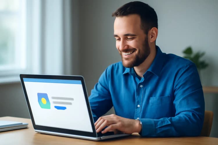 Homem sorrindo usando laptop com interface do Google Ads na tela
