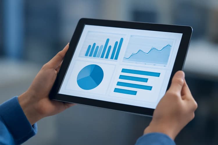 Mulher analisando relatórios de performance de anúncios em um tablet