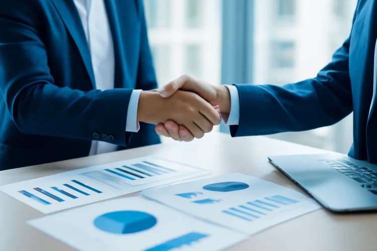 Duas pessoas apertando as mãos sobre uma mesa com gráficos de performance