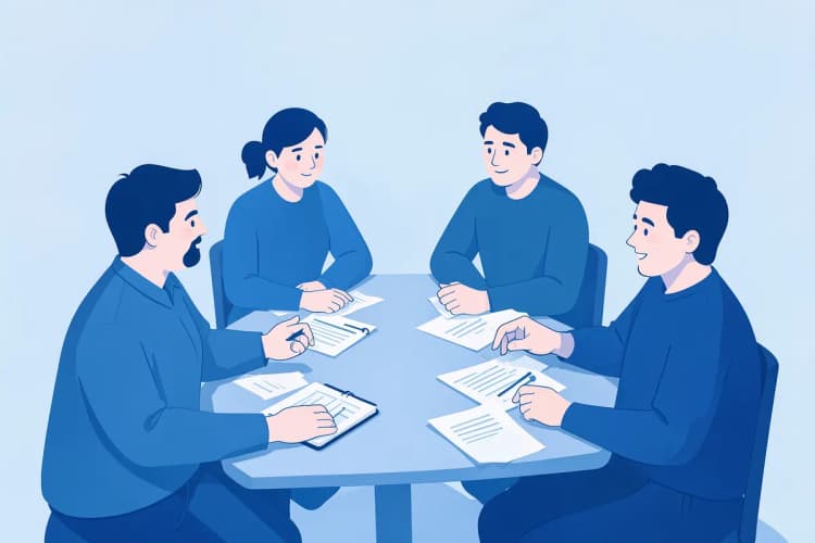Um grupo de pessoas diversas reunidas em torno de uma mesa, discutindo e analisando dados em papéis.