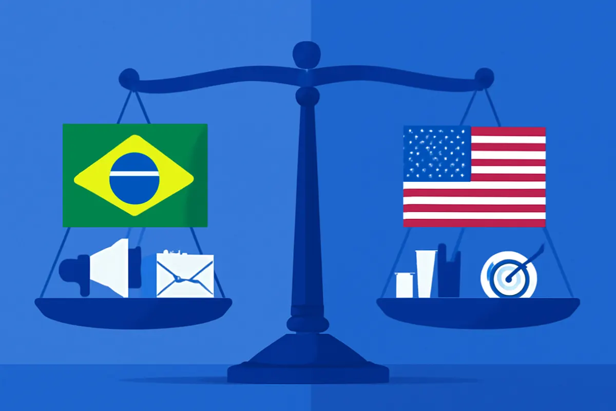 Uma balança comparando símbolos do Brasil e dos EUA, com ícones de marketing em cada lado.