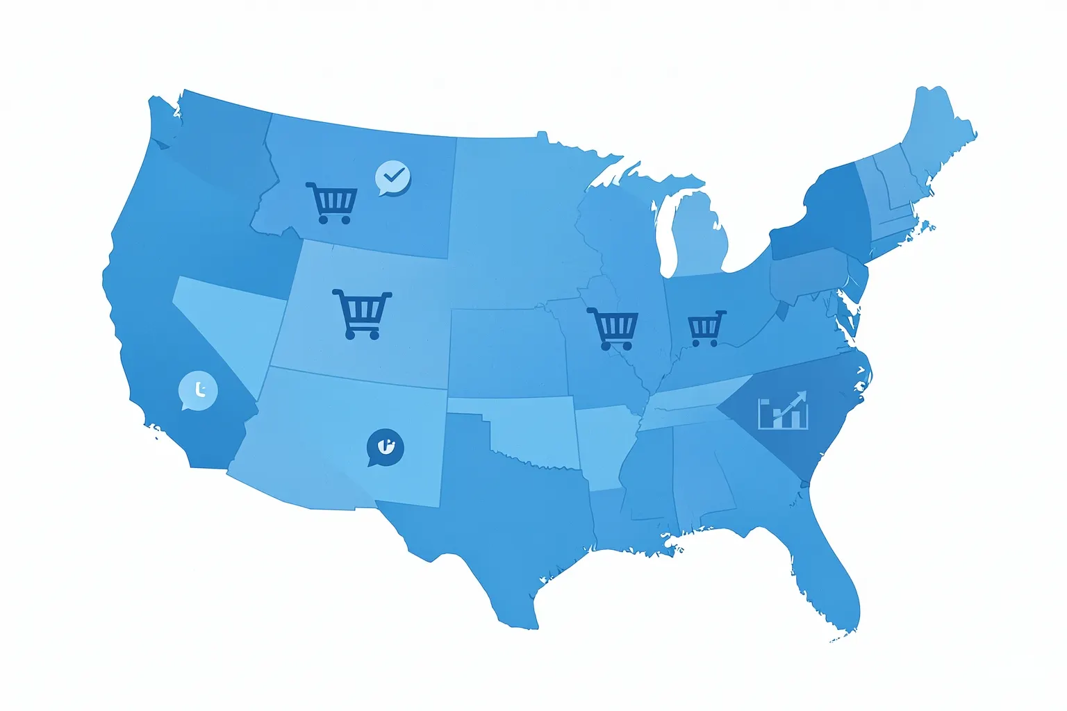 Um mapa dos Estados Unidos com ícones de marketing espalhados sobre ele, representando a expansão de negócios.