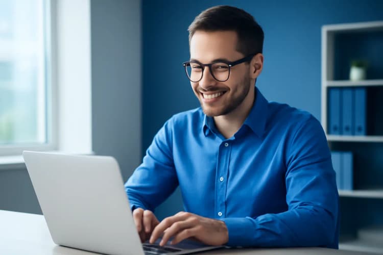 homem sorrindo digitando em um laptop com a interface do google ads na tela