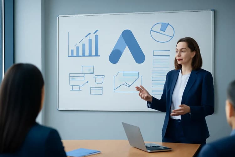 mulher planejando em um quadro branco com gráficos e a palavra google ads