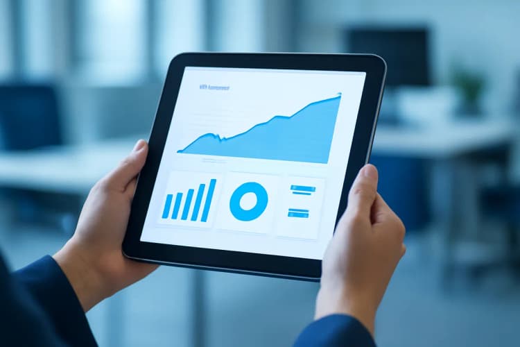 mulher analisando métricas de desempenho do google ads em um tablet